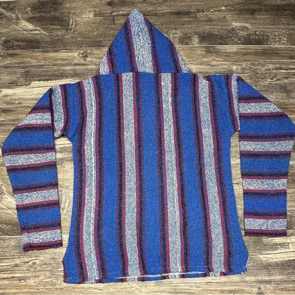 Blue Striped Baja Hoodie Mexican Blanket Pullover Men’s Medium - GUC